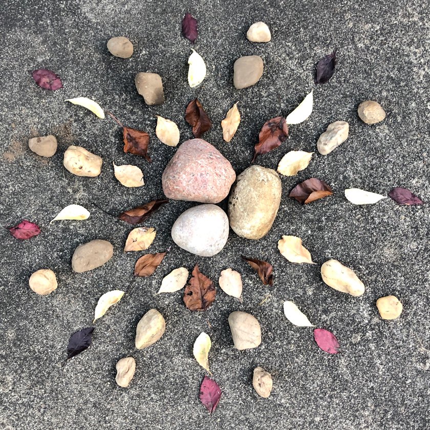 Mandala made with rocks leaves. 