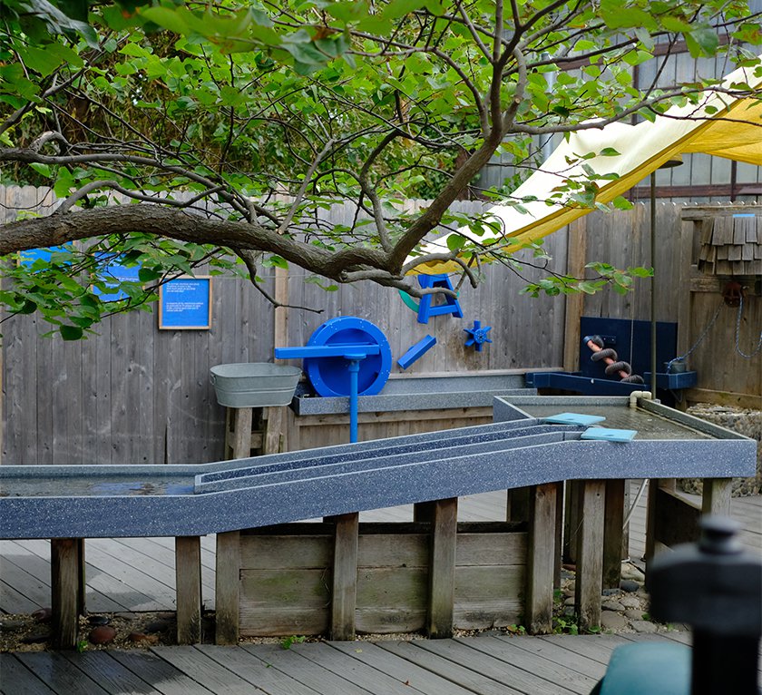 Multiple water tables below a tree with a yellow tarp covering overhead. 