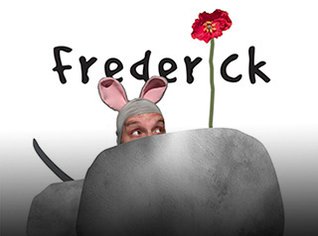 Text "Frederick" with a flower as the 'I' above rocks and a person wearing mouse ears.