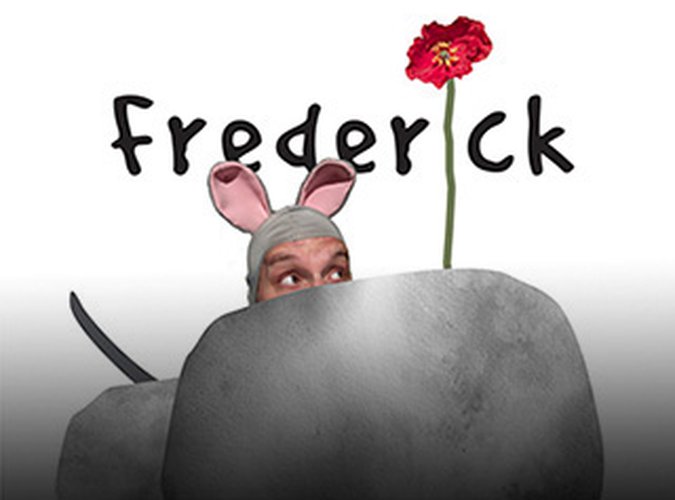 Text "Frederick" with a flower as the 'I' above rocks and a person wearing mouse ears.