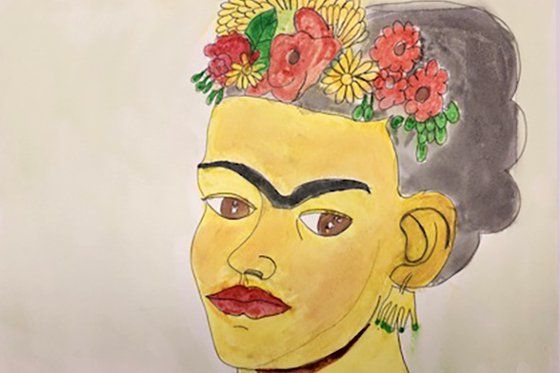 Artist rendering of Frida Kahlo, a woman with a unibrow, scowl, and flower crown. 