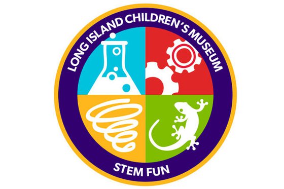 A graphic patch divided into four sections including a blue beaker, red cogs, yellow hurricane, and green lizard. The text on top of the patch is "Long Island Children's Museum" and the text on the bottom is "STEM Fun."