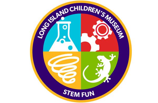 A graphic patch divided into four sections including a blue beaker, red cogs, yellow hurricane, and green lizard. The text on top of the patch is "Long Island Children's Museum" and the text on the bottom is "STEM Fun." 