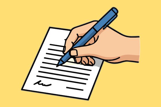 Graphic of a hand holding a blue pen writing on a white piece of paper on yellow background.