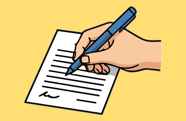 Graphic of a hand holding a blue pen writing on a white piece of paper on yellow background.