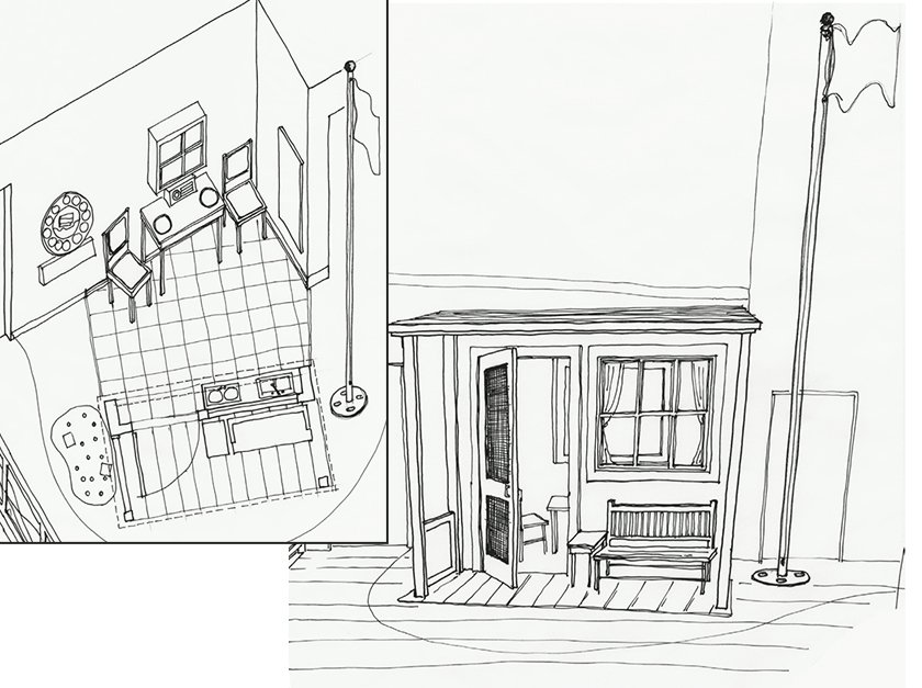 Black and white hand-drawn image of an exterior of a bay house and interior of bay house.