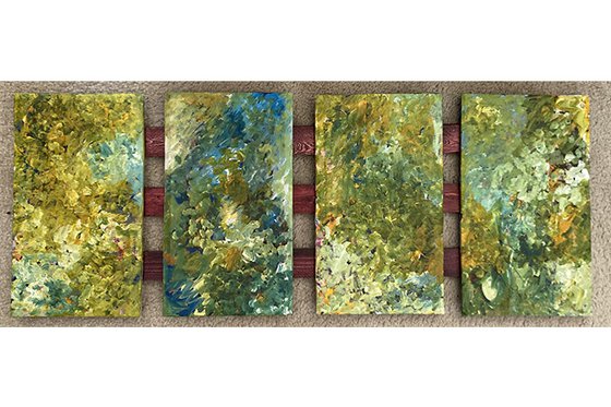 Four canvases in a row painted with petals in hues of green, blue, and white. 