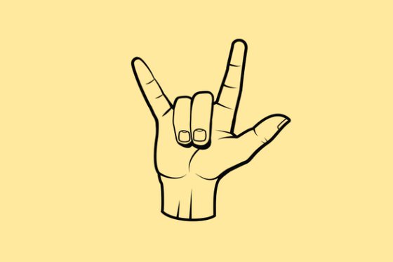 ASL sign for love graphic in black and white set on a yellow background.
