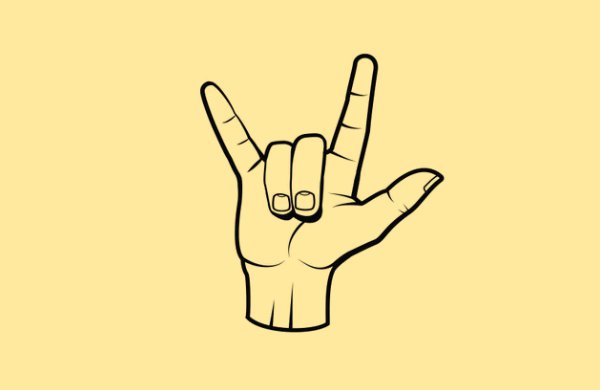 ASL sign for love graphic in black and white set on a yellow background.