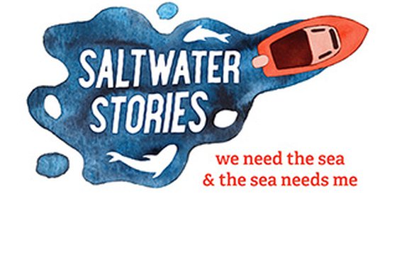 Logo for saltwater stories with a boat and the text  "we need the sea and the sea needs me."