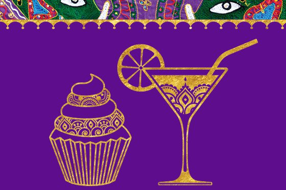 A purple and golden cupcake and cocktail. On the top of this photo there are the faces of two elephants made out of intricate, multi-colored cloth. 