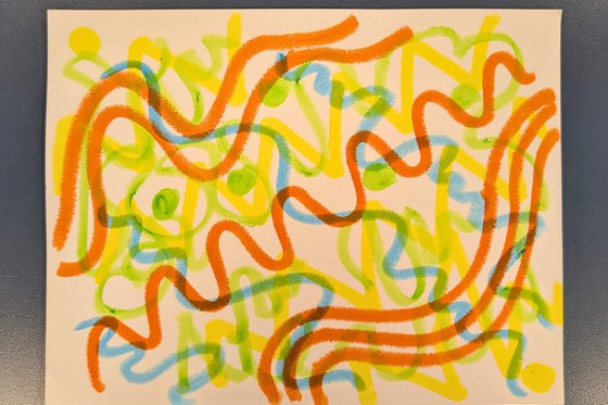 An abstract piece of art with yellow, green, orange and blue lines, dots and squiggles. 