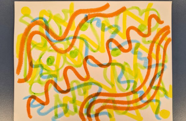 An abstract piece of art with yellow, green, orange and blue lines, dots and squiggles. 