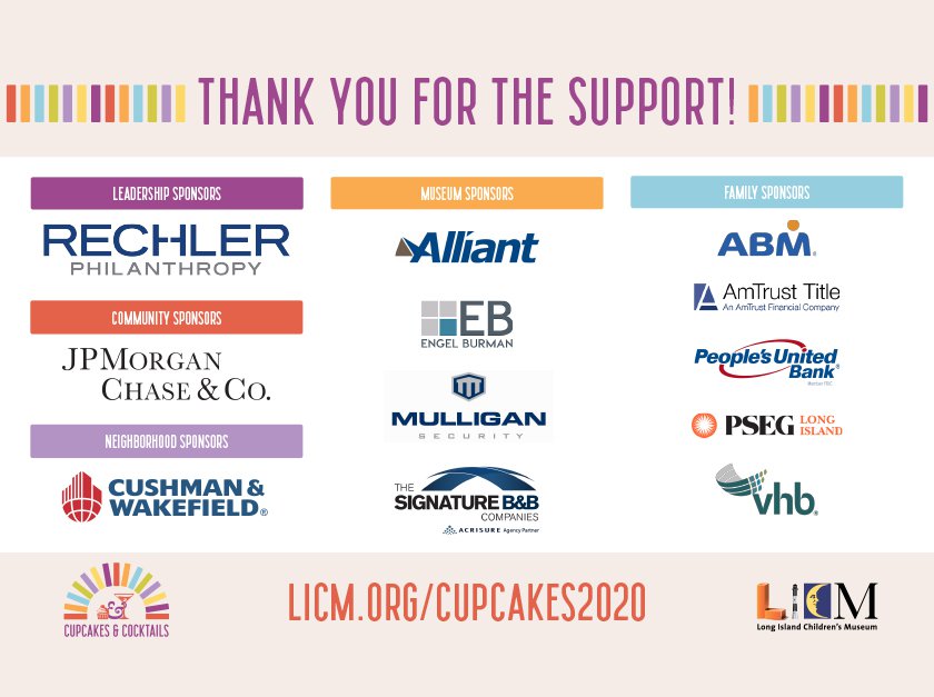 Logos for corporate supporters: Rechler Philanthropy; JP Morgan Chase & Co, Cushman & Wakefield, Museum Sponsors: Alliant, Engel Burman, Mulligan Security, Signature B& B Companies, ABM, A,Trust Title, People's United Bank, PSEG Long Island and VHB