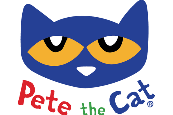 Graphic of Pete the Cat with text "Pete the Cat" in red, green, and purple. 