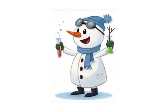 Graphic of a snowperson wearing a labcoat, goggles and holding two beakers with liquid. 