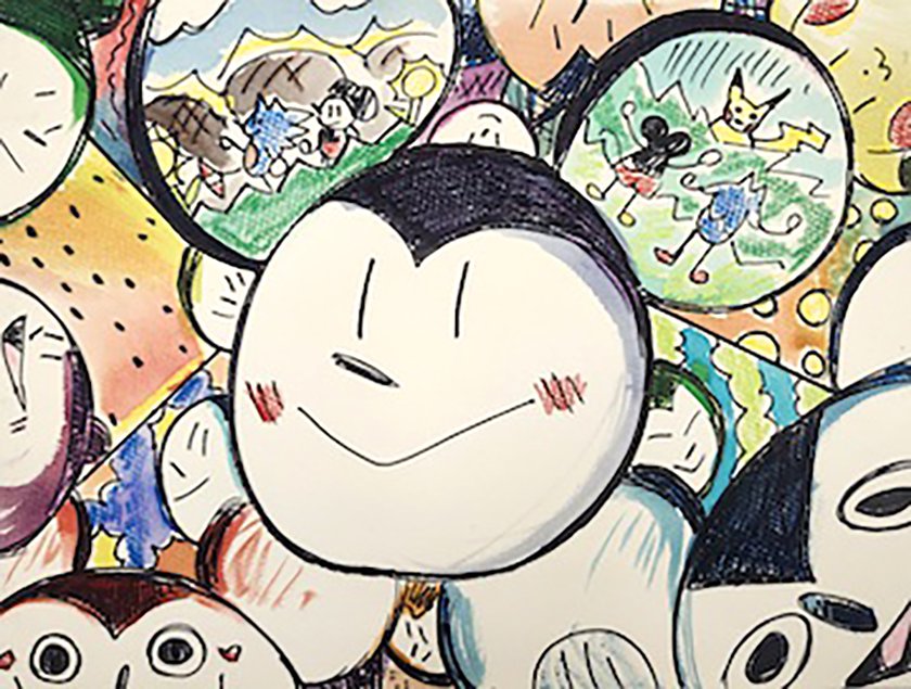 A drawing of a Mickey Mouse-inspired cartoon faces and smaller images of cartoon characters interwoven throughout.