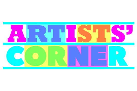 Text "ARTISTS'" in pink letters with transparent blue and yellow blocks over "RT" and "ST" and text "CORNER" below in blue letters with transparent yellow and pink blocks over "OR" and "NE" to change the colors. 