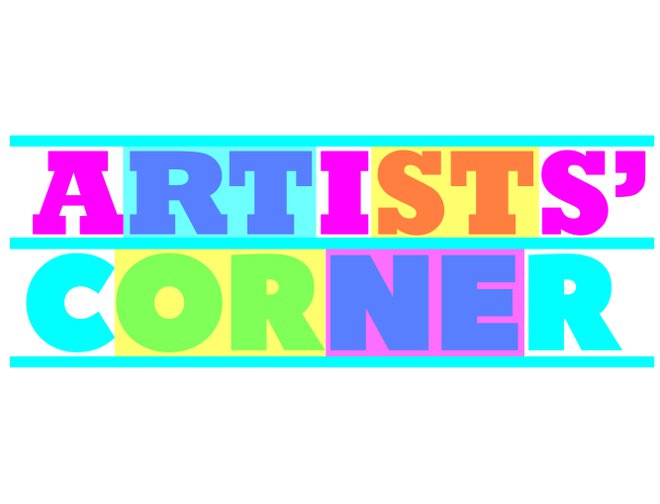 Text "ARTISTS'" in pink letters with transparent blue and yellow blocks over "RT" and "ST" and text "CORNER" below in blue letters with transparent yellow and pink blocks over "OR" and "NE" to change the colors. 