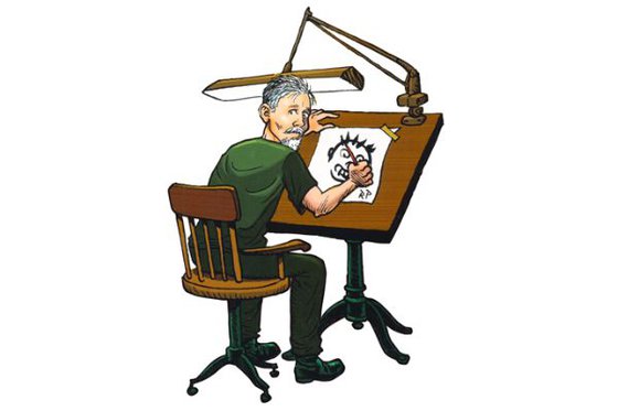 Illustration of a man with grey hair and a beard sitting at an easel with an overhead light drawing. 