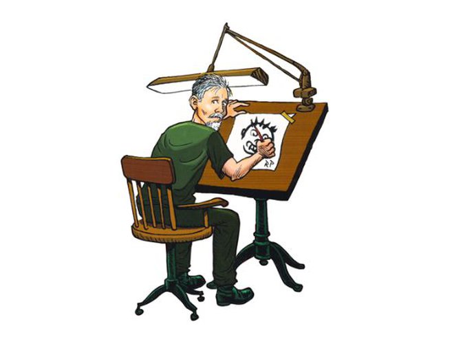 Illustration of a man with grey hair and a beard sitting at an easel with an overhead light drawing. 