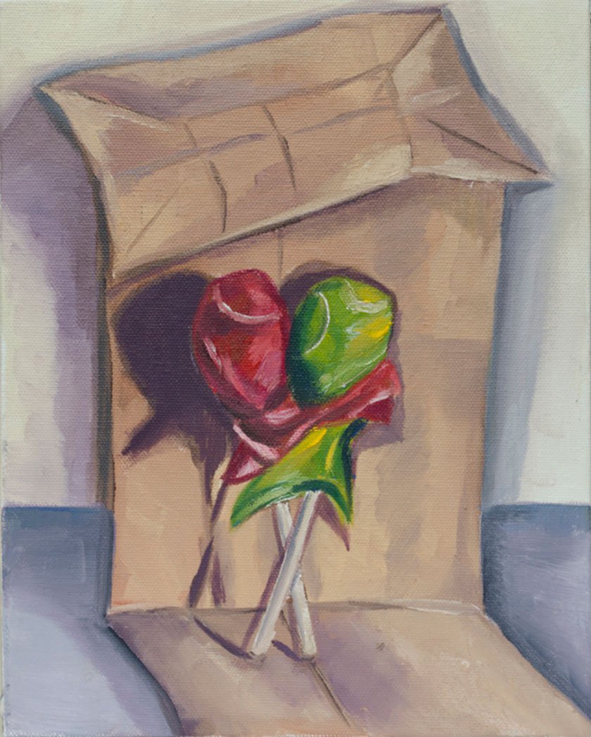 A painting of a brown paper bag turned upside down, with a green lollipop and red lollipop in the foreground. 