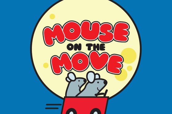 Two mice driving a red car. In the background is a cheese moon and the words "Mouse on the Move" 