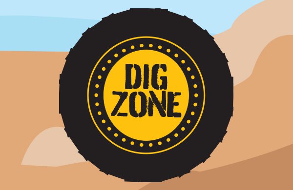 Graphic of a large black tire with a yellow center and text "Dig Zone" in an industrial font against a dirt hill and blue sky. 