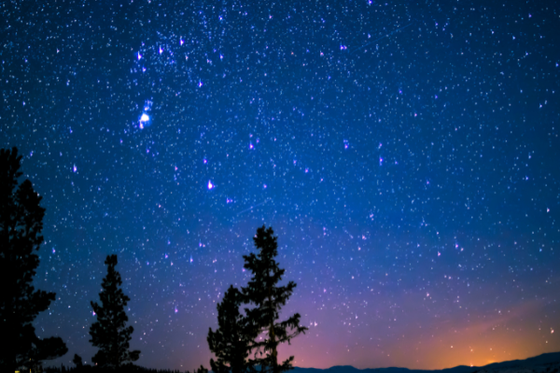 A dark blue night sky that fades to a small sliver of orange at the bottom. The sky is dotted with stars, and there are mountains and trees silhouetted in the foreground. 