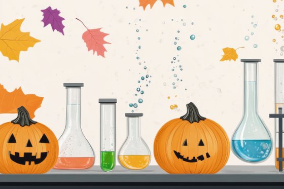A drawing of pumpkins and beakers with purple and green liquids in them.