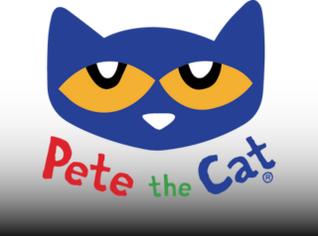 Graphic of Pete the Cat with text "Pete the Cat" in red, green, and purple. 