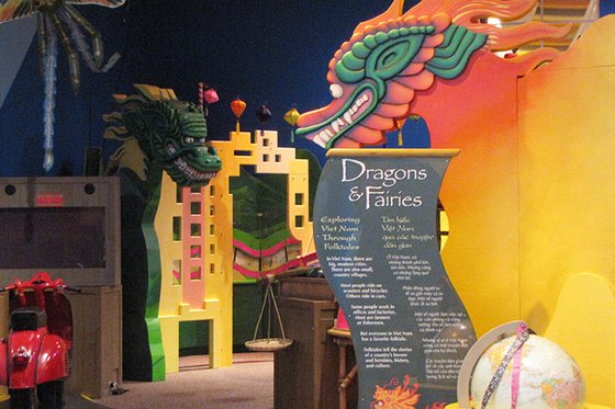 View of the wooden dragons and creatures featured in this exhibit. 