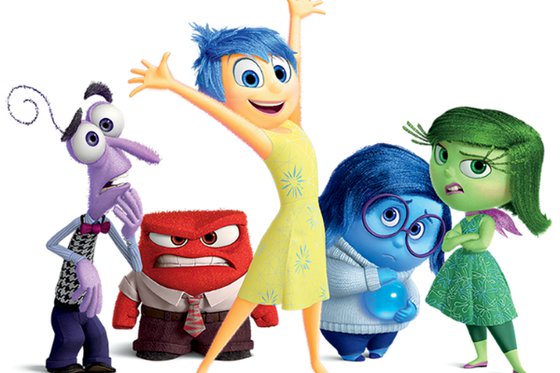 Five characters from Pixar's Inside Out. From left to right, Fear, Anger, Joy, Sadness, Disgust