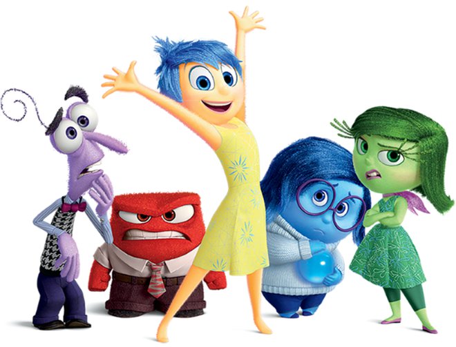 Five characters from Pixar's Inside Out. From left to right, Fear, Anger, Joy, Sadness, Disgust