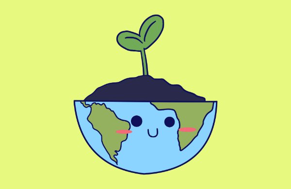 Bottom half of the Earth with a smiling face, soil and a seedling on top, on a light green background. 