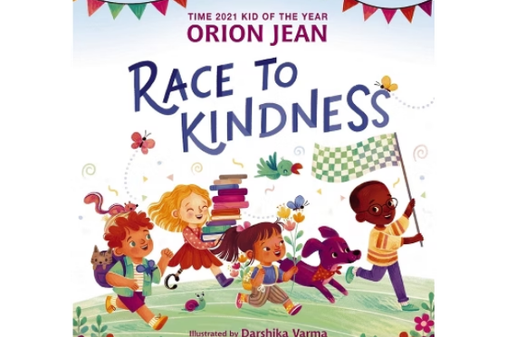 Children's book "Race to Kindness" by Orion Jean depicting an illustration children running. 