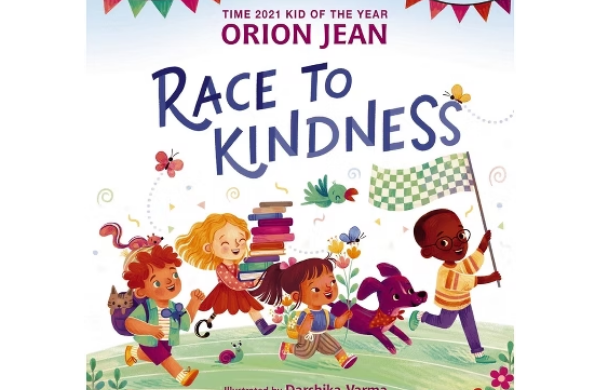 Children's book "Race to Kindness" by Orion Jean depicting an illustration children running. 