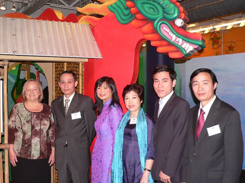The Museum President and members of the United Nations inside the exhibit. 