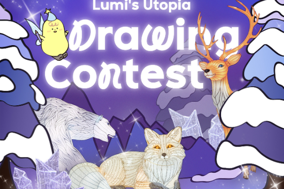 Graphic of snow covered trees, a fox, deer and bear and text "Lumi's Utopia Drawing Contest" with a small lightbulb character holding a paintbrush. 