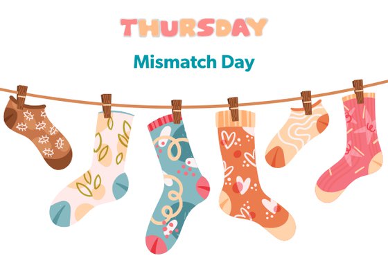 Text "Thursday Mismatch Day" with a clothesline and a variety of mismatched short and long socks hanging on the line. 