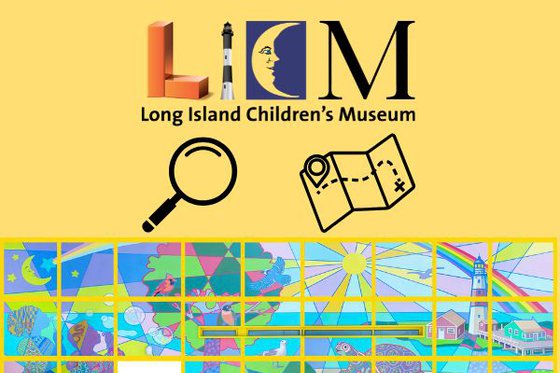 LICM kaleidoscope mural, LICM logo, a graphic of a map and a magnifying glass against a yellow background. 