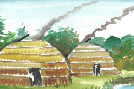 A painting of two wigwams in a landscape of grass and trees. 