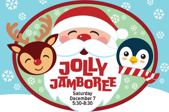 Graphic of Santa in the middle, a raindeer with a red nose to the left and on the right a penguin wearing a scarf against a background of snowflakes falling and red text placed in Santa's beard "Jolly Jamboree: Saturday, December 7th 5:30-7:30."