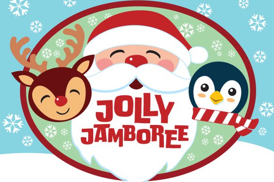 Graphic of Santa in the middle, a reindeer with a red nose to the left and on the right a penguin wearing a scarf against a background of snowflakes falling.