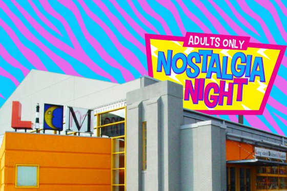 Front of LICM building featuring neon blue and purple zebra pattern in the background and graphic of text "Adult Only Nostalgia Night." 