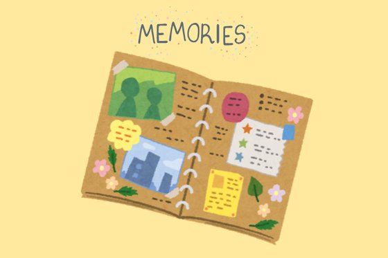 A graphic of a scrap book with pictures and writing against a yellow background and the text "Memories." 