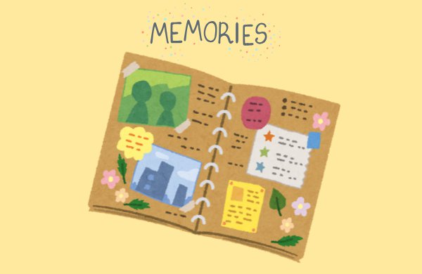 A graphic of a scrap book with pictures and writing against a yellow background and the text "Memories." 