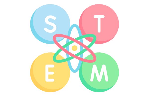 Graphic of pastel blue, pink, yellow and green circles spelling STEM with a colorful atom in the middle. 