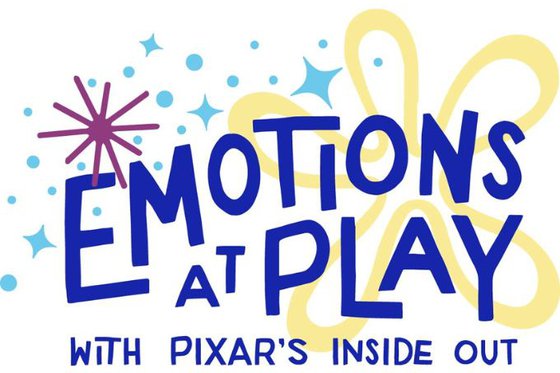 Graphic logo for Emotions at Play with Pixar's Inside Out exhibit with dark blue text, purple and light blue stars, and a large yellow flower in the background. 
