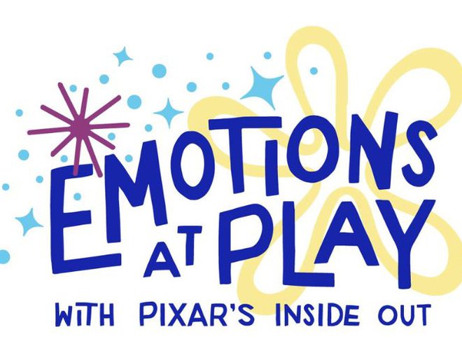 Graphic logo for Emotions at Play with Pixar's Inside Out exhibit with dark blue text, purple and light blue stars, and a large yellow flower in the background. 